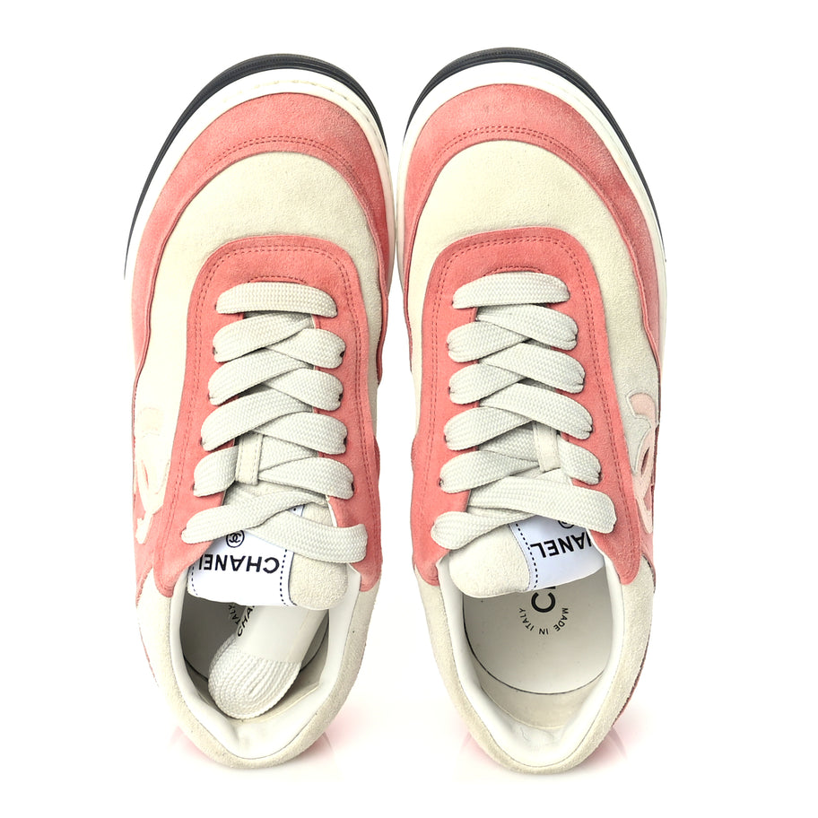 Chanel Suede Kidskin Womens CC Sneakers 39.5  White Pink Image 5