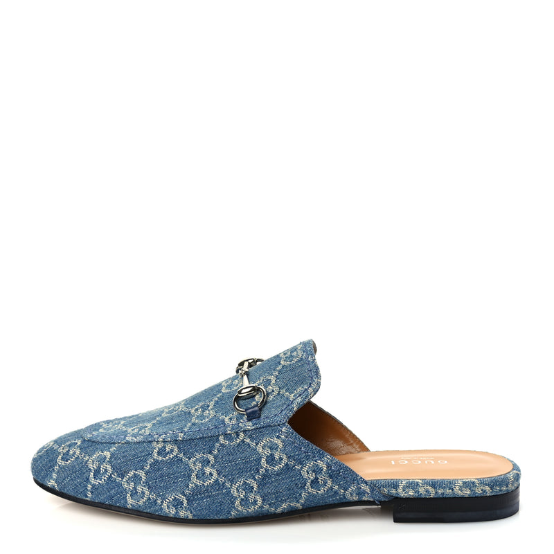  Gucci New Denim GG Malaga Kid Womens Princetown Slippers 39.5 Light Blue Royale