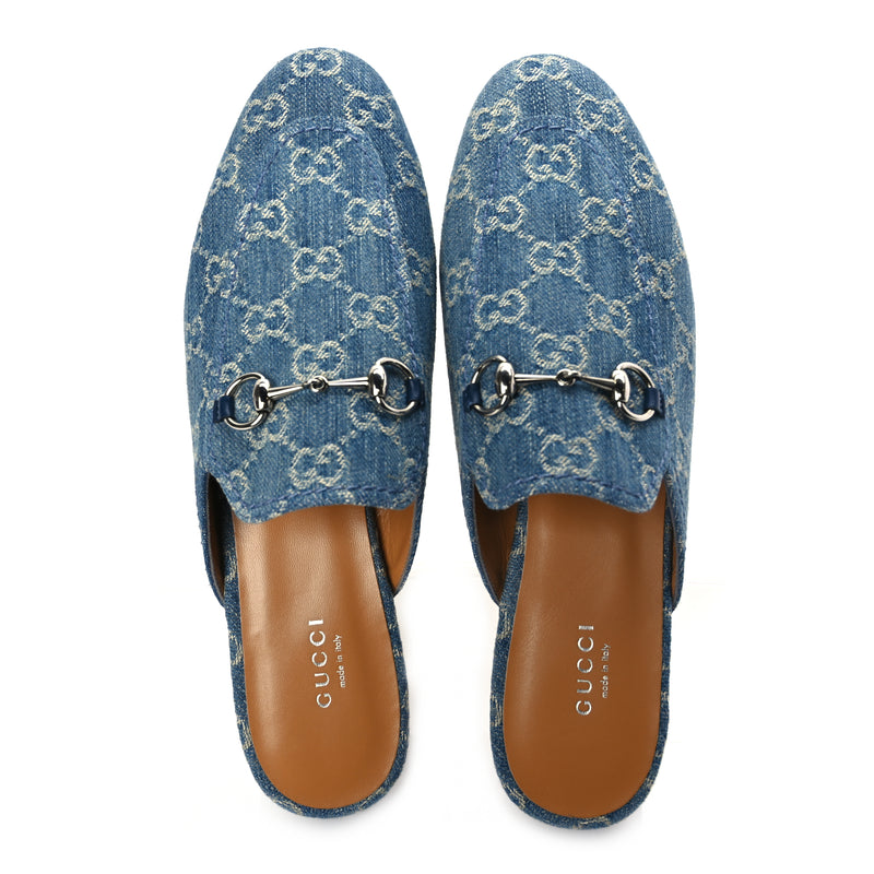  Gucci New Denim GG Malaga Kid Womens Princetown Slippers 39.5 Light Blue Royale