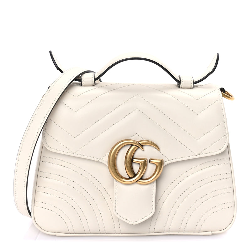  Gucci Calfskin Matelasse Mini GG Marmont Top Handle Shoulder Bag  White