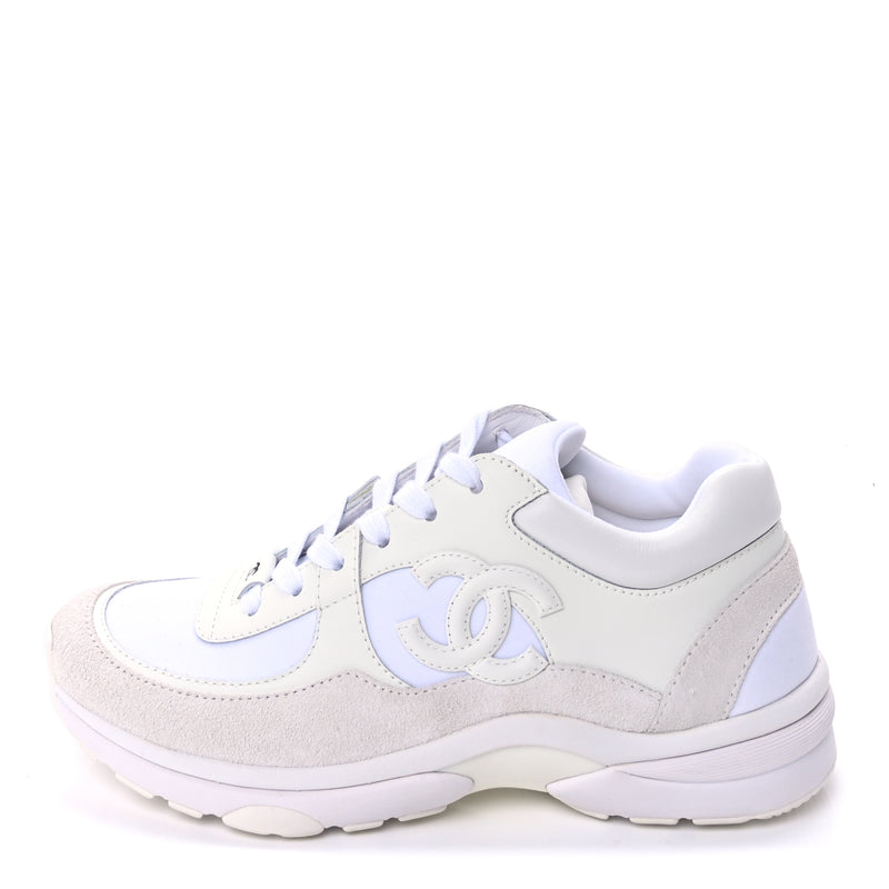  Chanel Suede Calfskin Fabric CC Sneakers 37.5 White