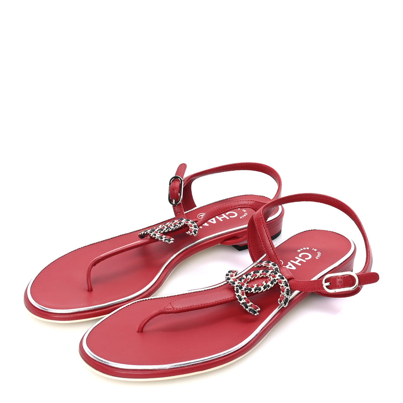  Chanel Lambskin CC Chain Thong Sandal 38 Red