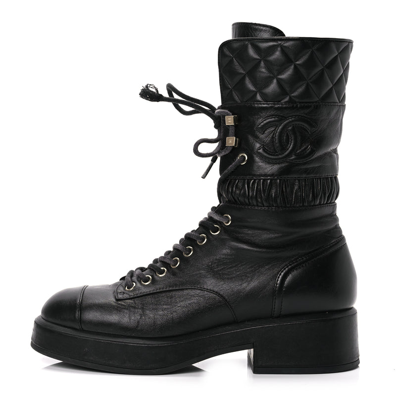  Chanel Lambskin Quilted Lace Up Combat Boots 37 Black