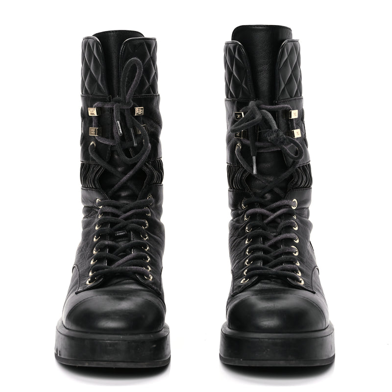  Chanel Lambskin Quilted Lace Up Combat Boots 37 Black