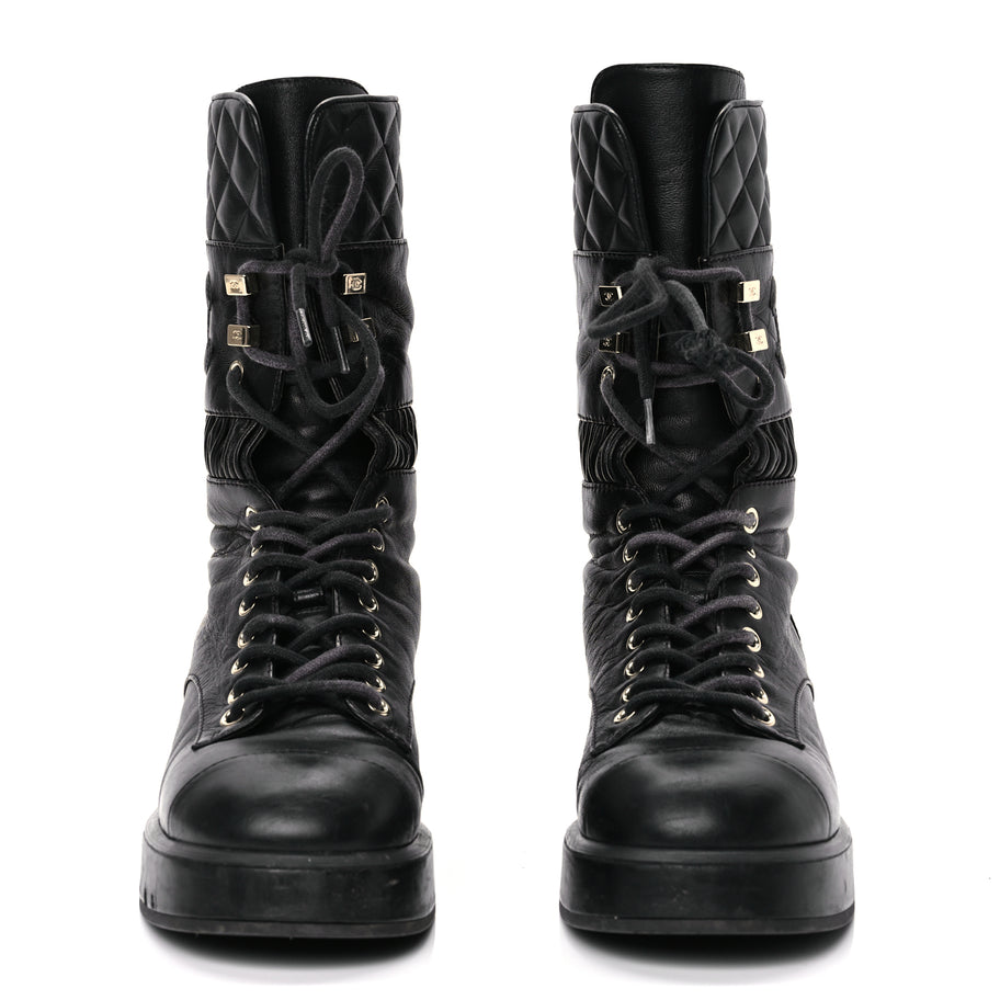 Chanel Lambskin Quilted Lace Up Combat Boots 37 Black Image 2