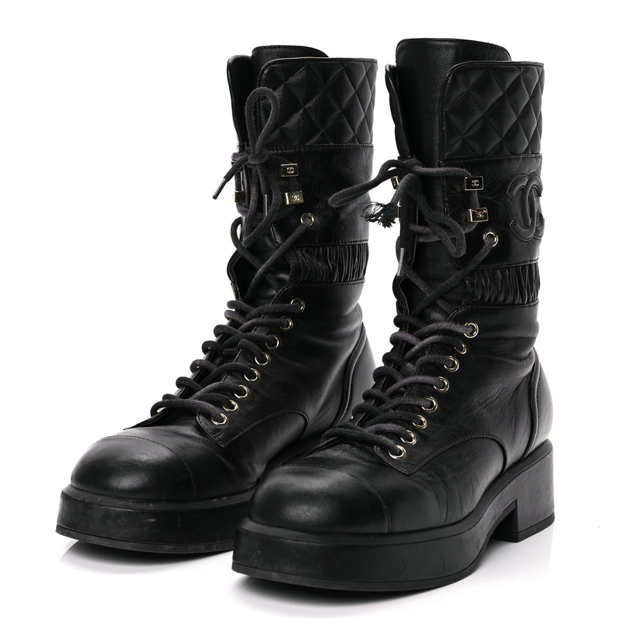 Chanel Lambskin Quilted Lace Up Combat Boots 37 Black Image 3
