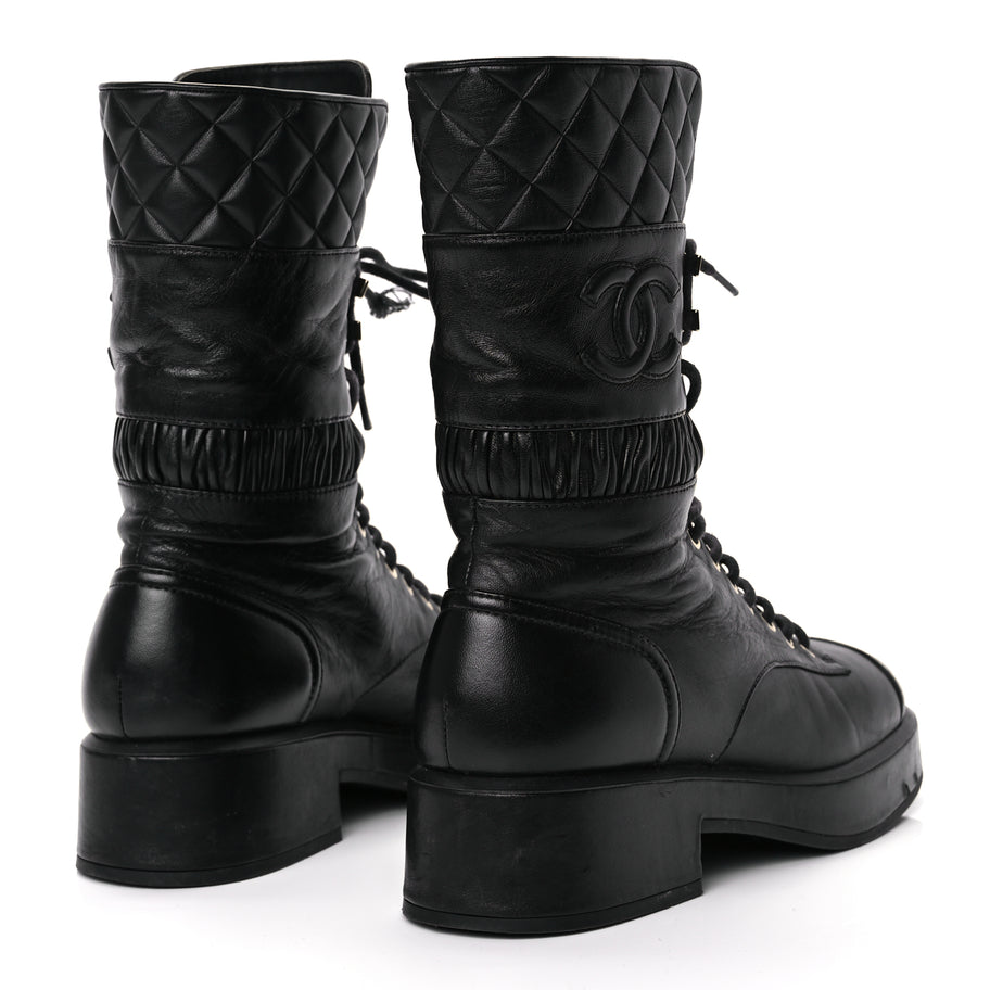 Chanel Lambskin Quilted Lace Up Combat Boots 37 Black Image 4