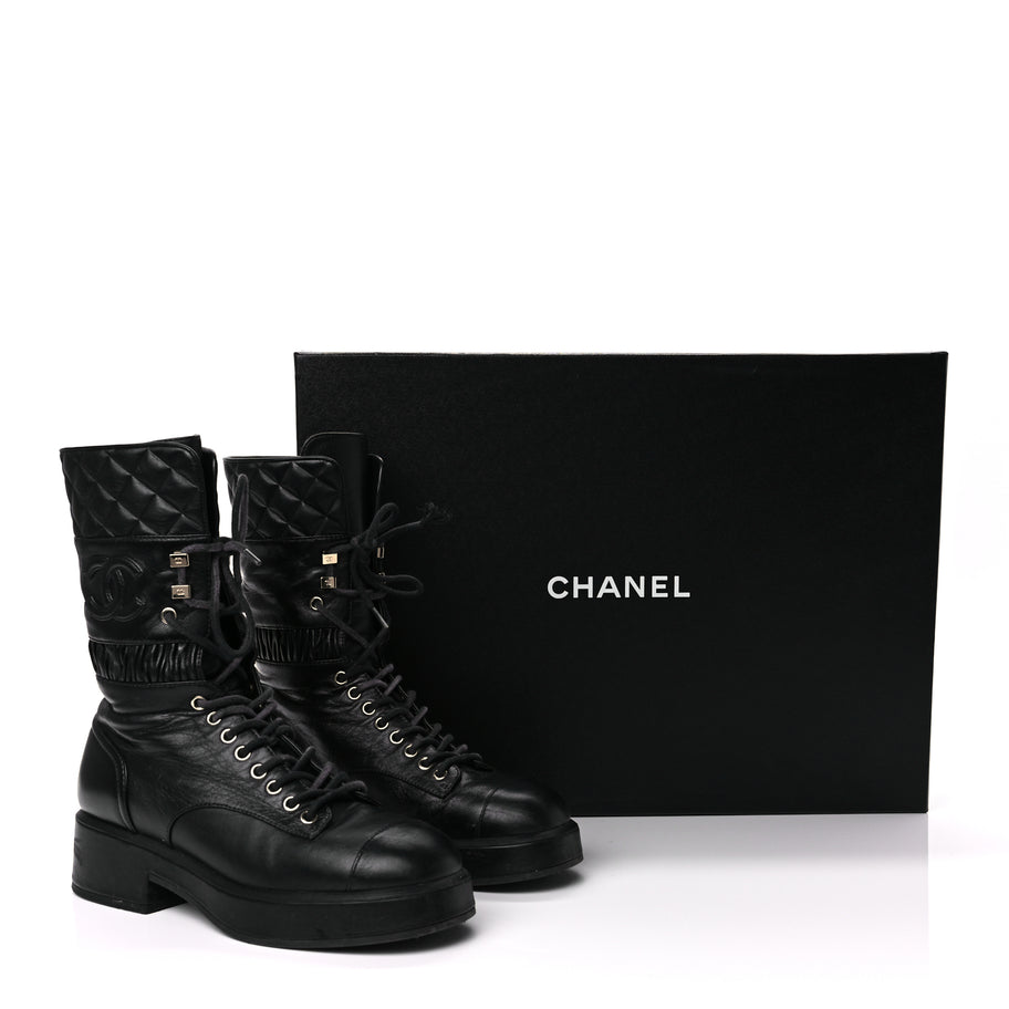 Chanel Lambskin Quilted Lace Up Combat Boots 37 Black Image 12
