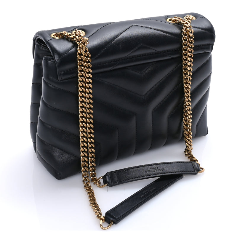  Saint Laurent Calfskin Y Quilted Monogram Small Loulou Chain Satchel  Black