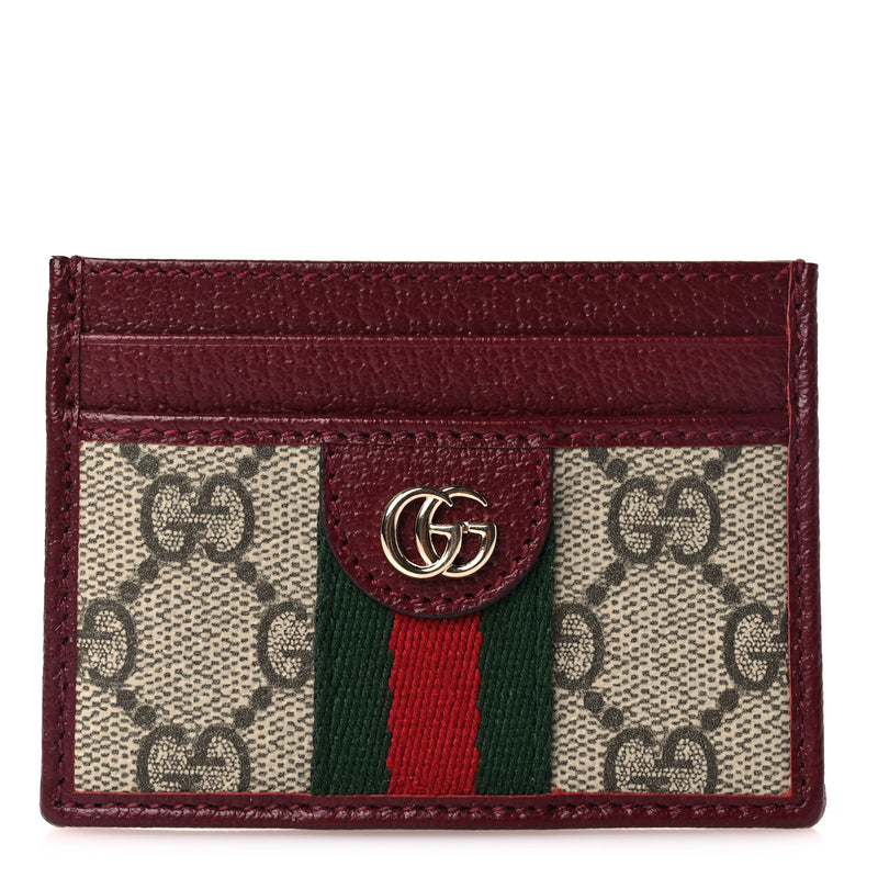  Gucci GG Supreme Monogram Textured Dollar Calfskin Ophidia Card Holder Beige Burgundy