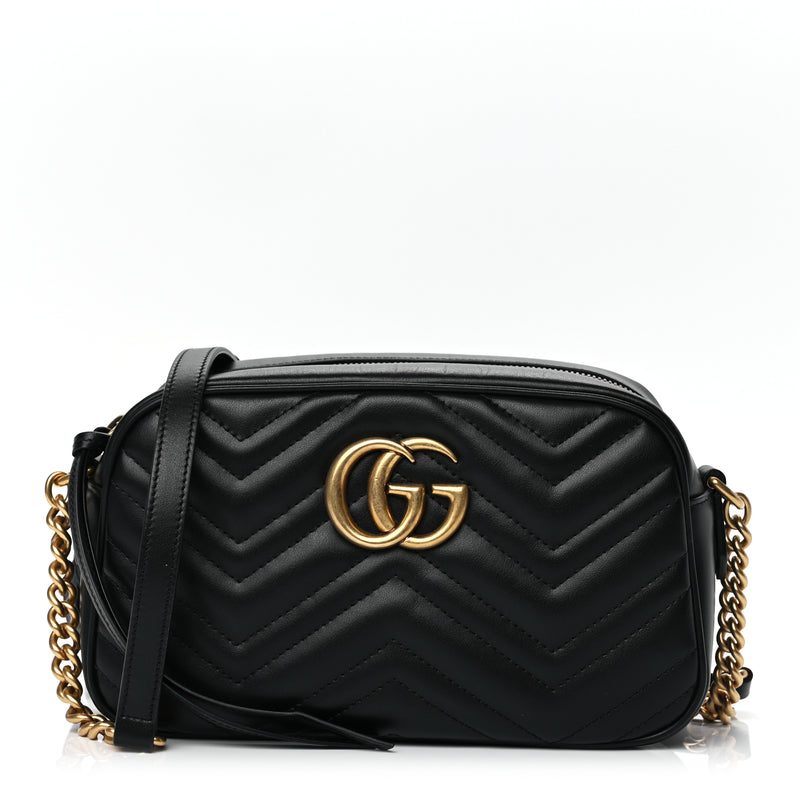  Gucci Calfskin Matelasse Small GG Marmont Chain Shoulder Bag Black