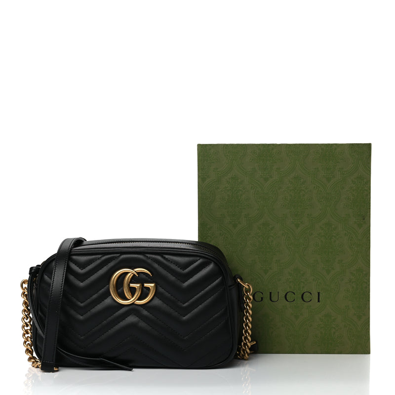  Gucci Calfskin Matelasse Small GG Marmont Chain Shoulder Bag Black