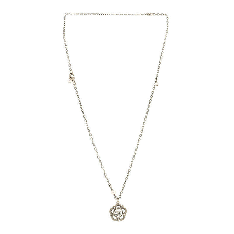  Chanel Crystal Pearl Camellia Necklace Gold
