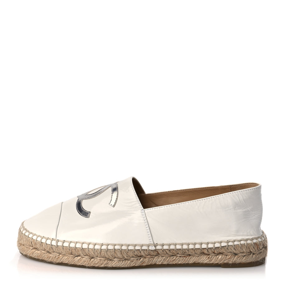 Chanel Distressed Patent CC Espadrilles 40 White Silver Image 1
