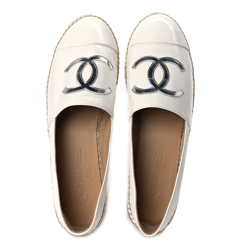  Chanel Distressed Patent CC Espadrilles 40 White Silver