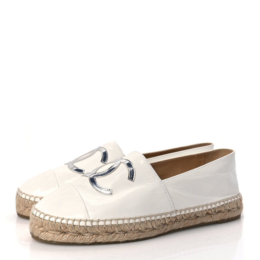 Chanel Distressed Patent CC Espadrilles 40 White Silver Image 4