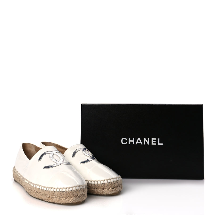 Chanel Distressed Patent CC Espadrilles 40 White Silver Image 8