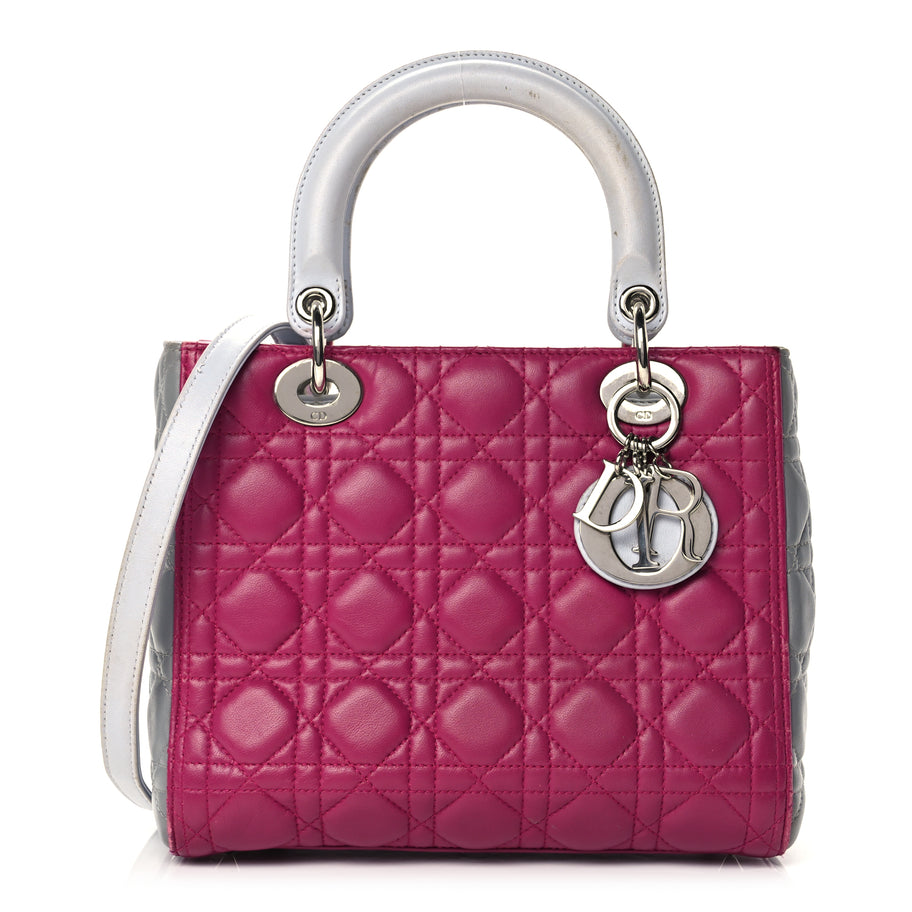 Christian Dior Lambskin Cannage Medium Tri-Color Lady Dior Fuchsia Grey Light Blue Image 1