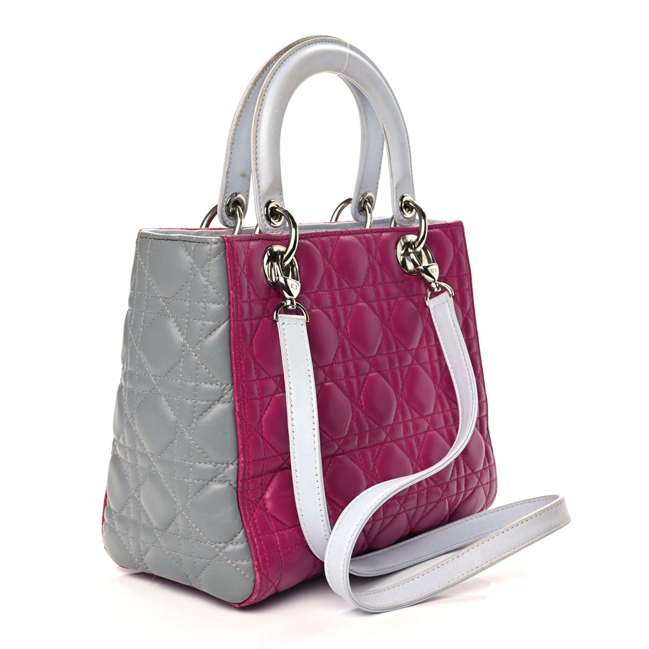 Christian Dior Lambskin Cannage Medium Tri-Color Lady Dior Fuchsia Grey Light Blue Image 2