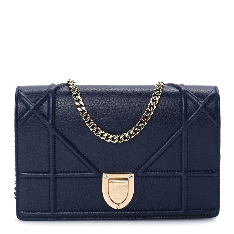  Christian Dior Grained Calfskin Diorama Wallet on Chain Pouch Blue