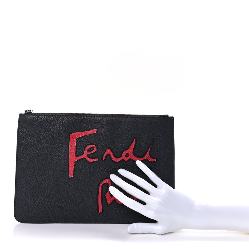  Fendi Cuoio Romano Logo Pouch  Grey