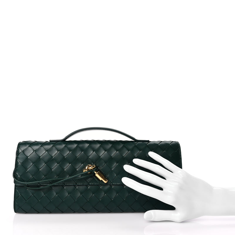  Bottega Veneta  Nappa Intrecciato Long Andiamo Top Handle Clutch Emerald Green