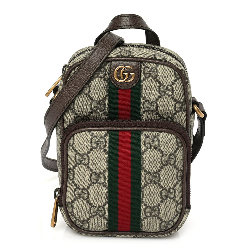  Gucci GG Supreme Monogram Web Mini Ophidia Double Zip Messenger Bag Beige New Acero