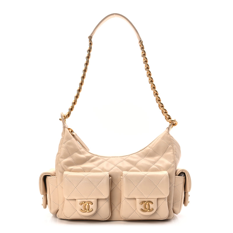  Chanel Shiny Lambskin Quilted Trendy Pockets Hobo Beige