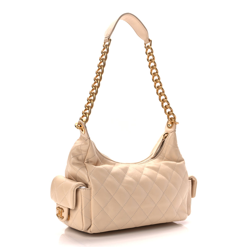  Chanel Shiny Lambskin Quilted Trendy Pockets Hobo Beige