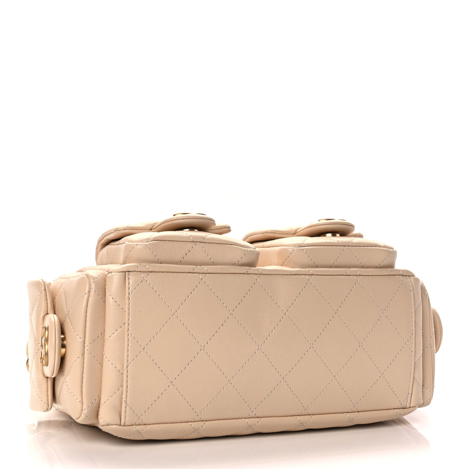 Chanel Shiny Lambskin Quilted Trendy Pockets Hobo Beige Image 3