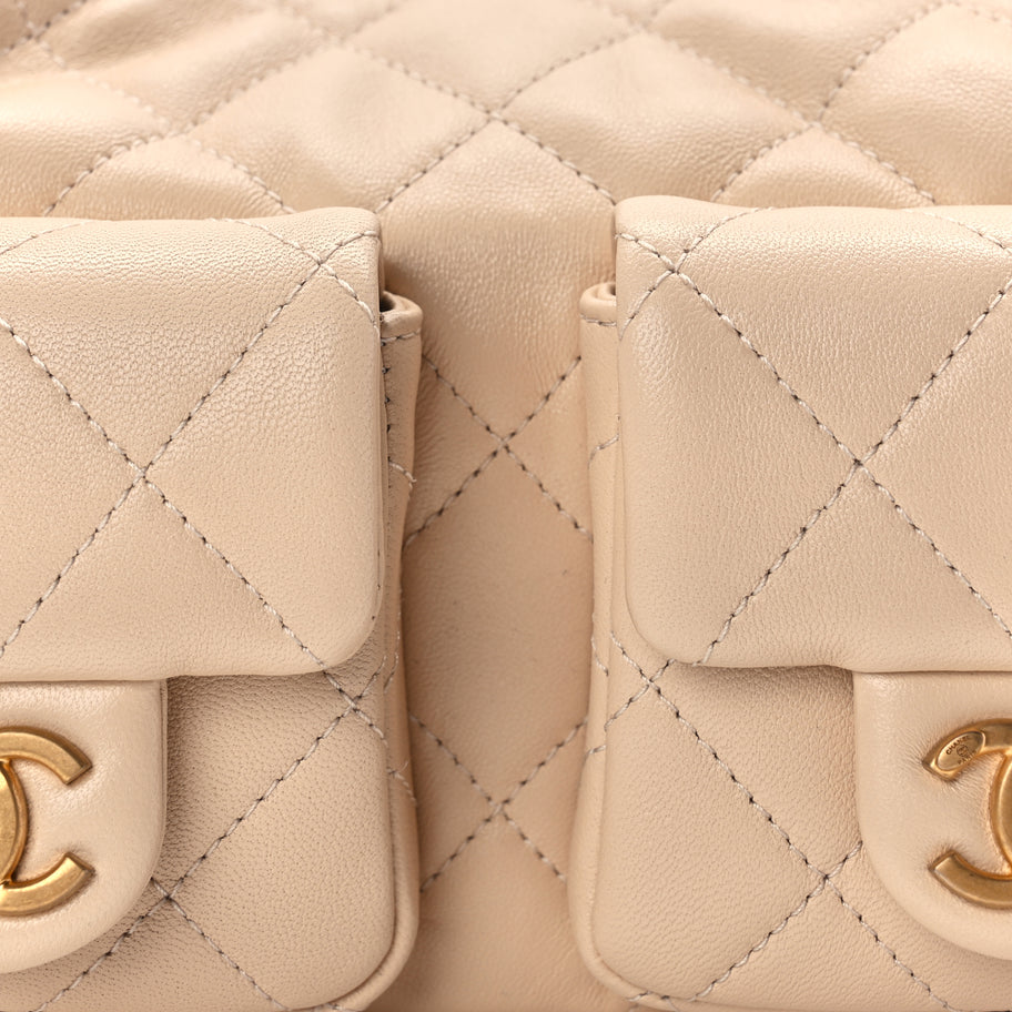 Chanel Shiny Lambskin Quilted Trendy Pockets Hobo Beige Image 7