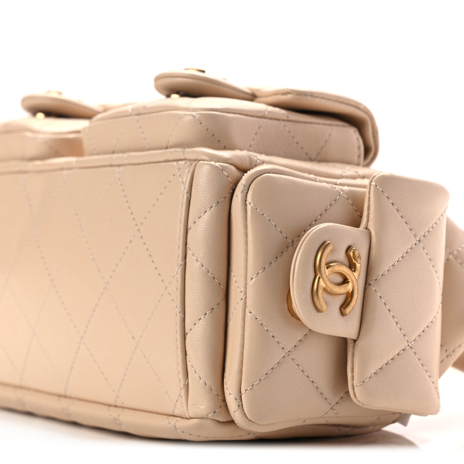 Chanel Shiny Lambskin Quilted Trendy Pockets Hobo Beige Image 9