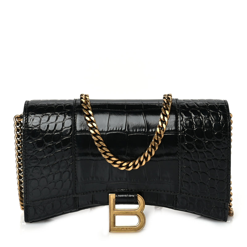  Balenciaga Shiny Calfskin Crocodile Embossed Hourglass Wallet on Chain Black