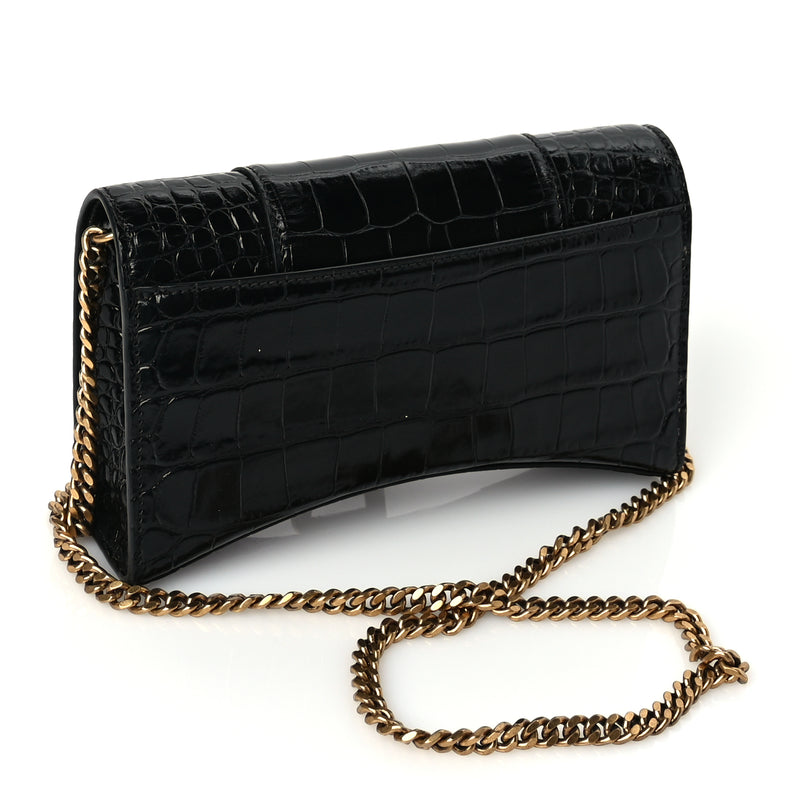  Balenciaga Shiny Calfskin Crocodile Embossed Hourglass Wallet on Chain Black
