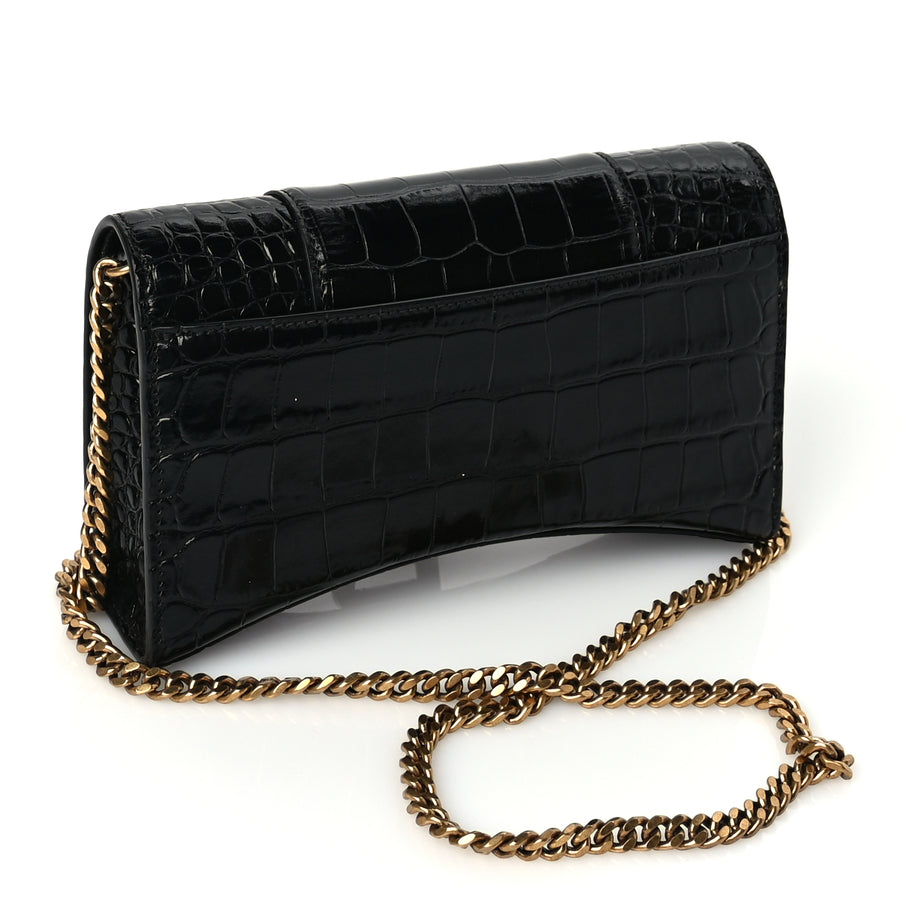 Balenciaga Shiny Calfskin Crocodile Embossed Hourglass Wallet on Chain Black Image 2