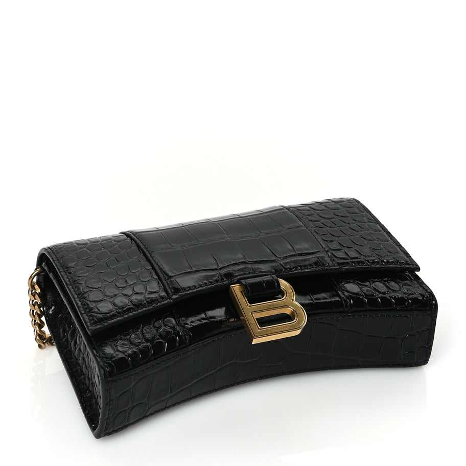 Balenciaga Shiny Calfskin Crocodile Embossed Hourglass Wallet on Chain Black Image 3