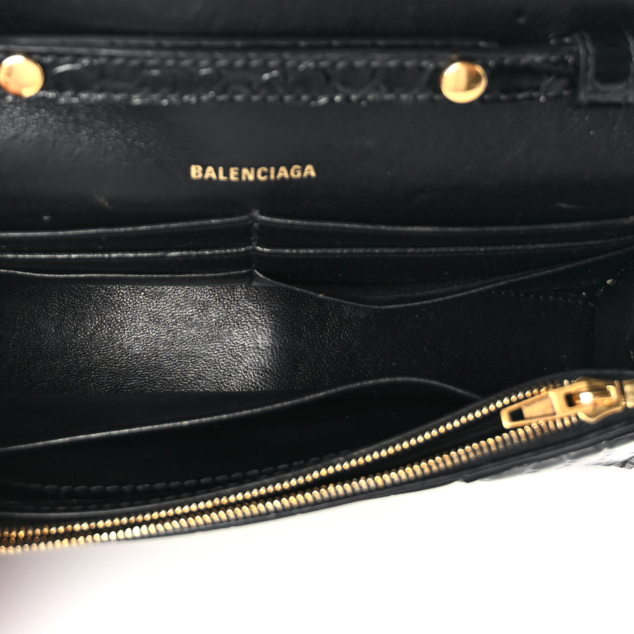 Balenciaga Shiny Calfskin Crocodile Embossed Hourglass Wallet on Chain Black Image 4
