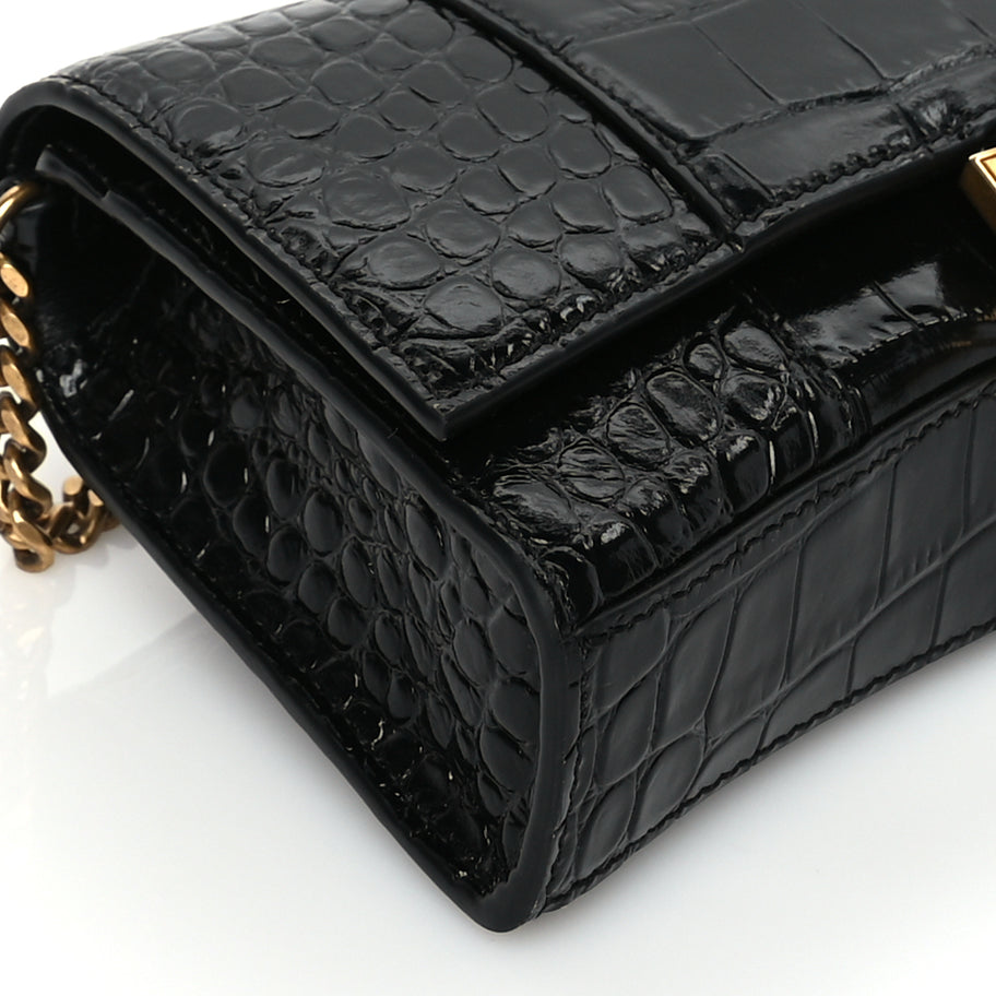 Balenciaga Shiny Calfskin Crocodile Embossed Hourglass Wallet on Chain Black Image 7