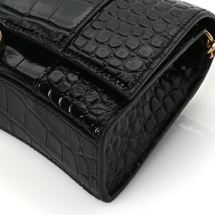 Balenciaga Shiny Calfskin Crocodile Embossed Hourglass Wallet on Chain Black Image 8