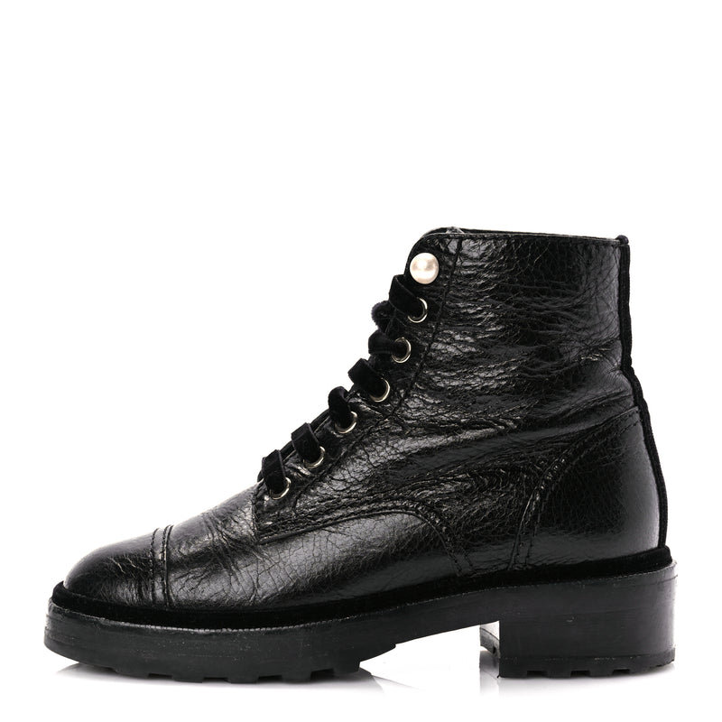  Chanel Shiny Calfskin Velvet Pearl Combat Short Boots  Black