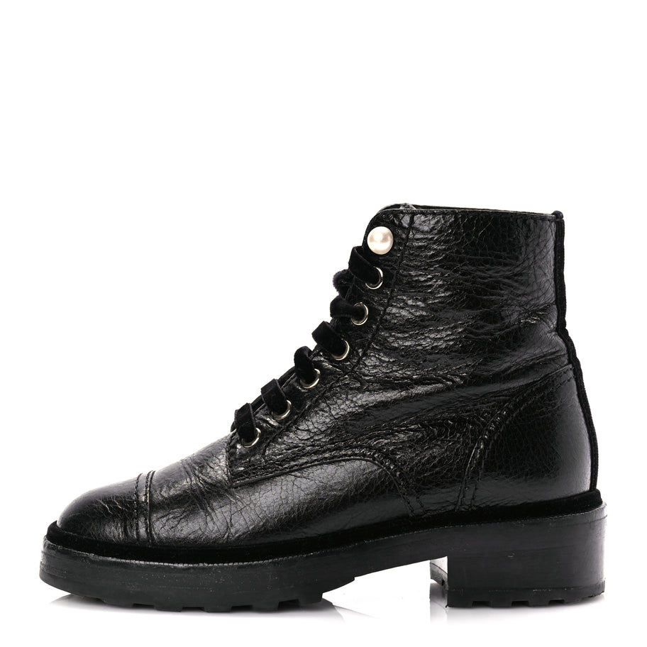 Chanel Shiny Calfskin Velvet Pearl Combat Short Boots  Black Image 1