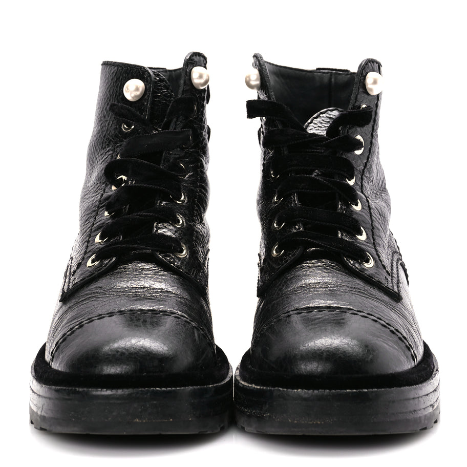 Chanel Shiny Calfskin Velvet Pearl Combat Short Boots  Black Image 2