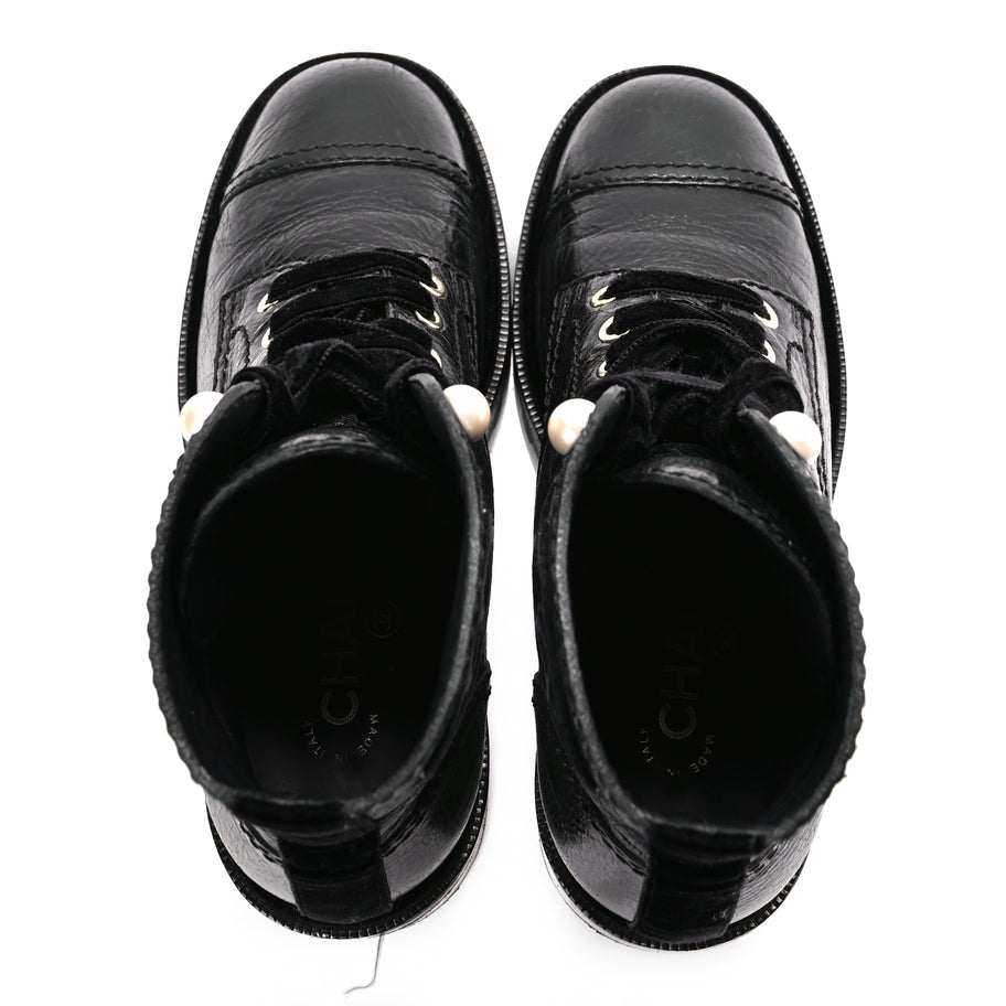 Chanel Shiny Calfskin Velvet Pearl Combat Short Boots  Black Image 3