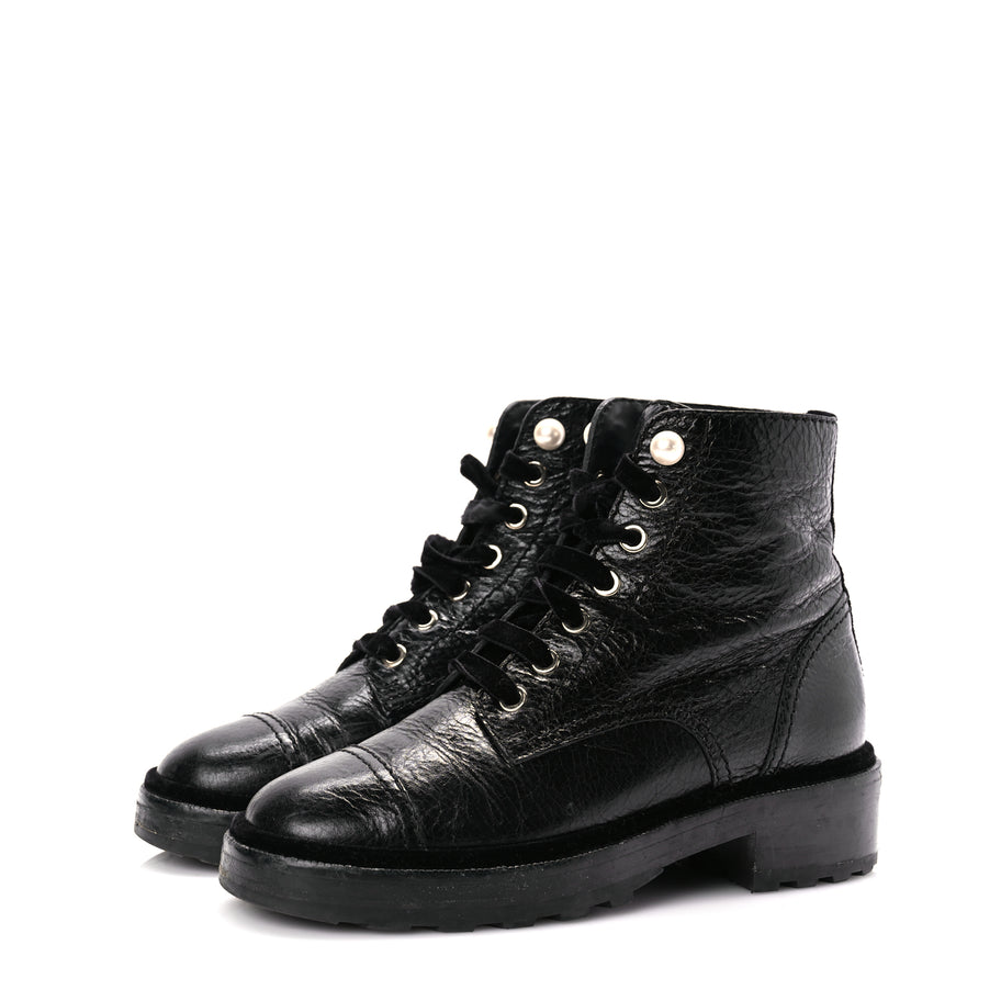 Chanel Shiny Calfskin Velvet Pearl Combat Short Boots  Black Image 4