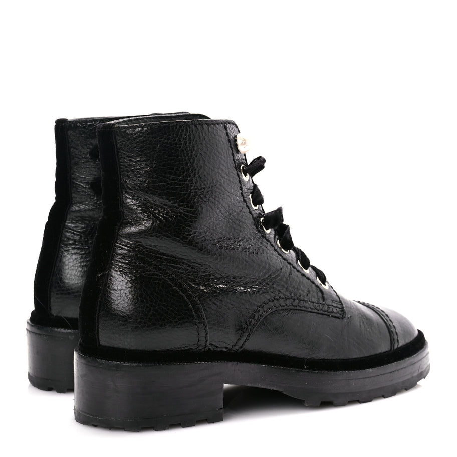 Chanel Shiny Calfskin Velvet Pearl Combat Short Boots  Black Image 5