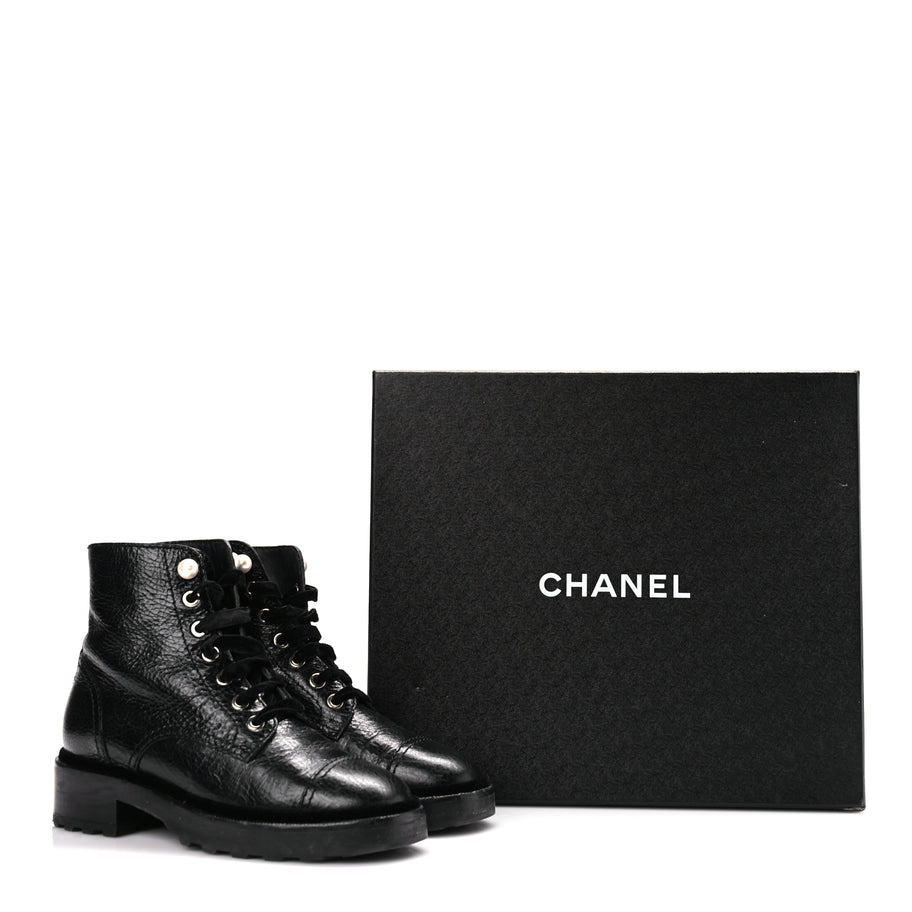 Chanel Shiny Calfskin Velvet Pearl Combat Short Boots  Black Image 10