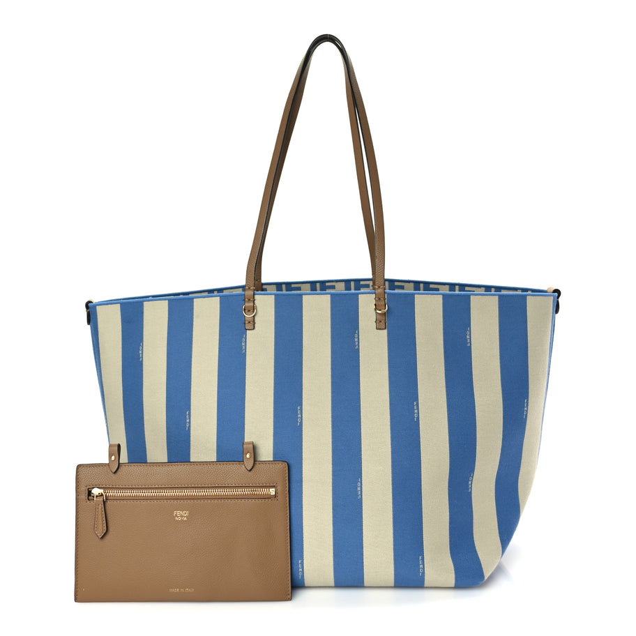 Fendi Pequin Stripe FF Large Roll Tote  Cerulean Blue Sand Beige Image 2