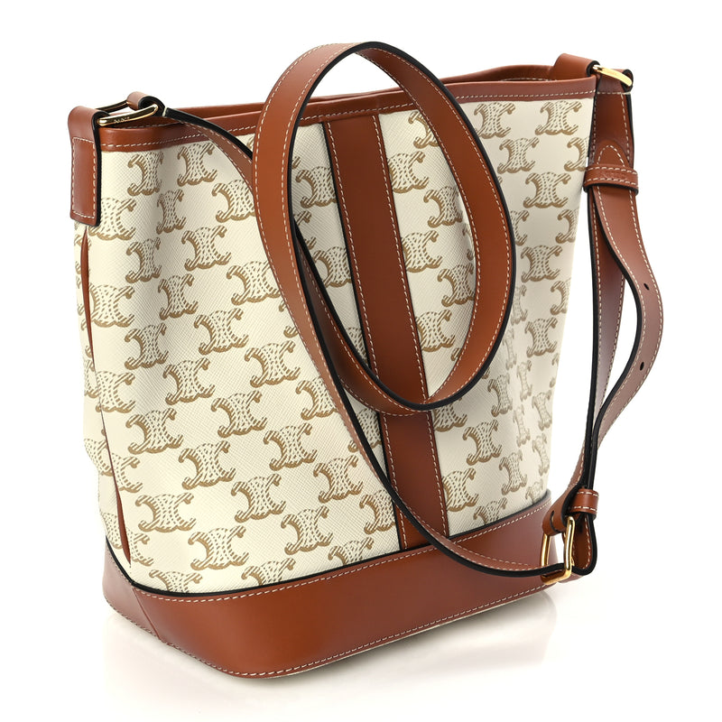  Celine Triomphe Canvas Calfskin Small Bucket Bag White