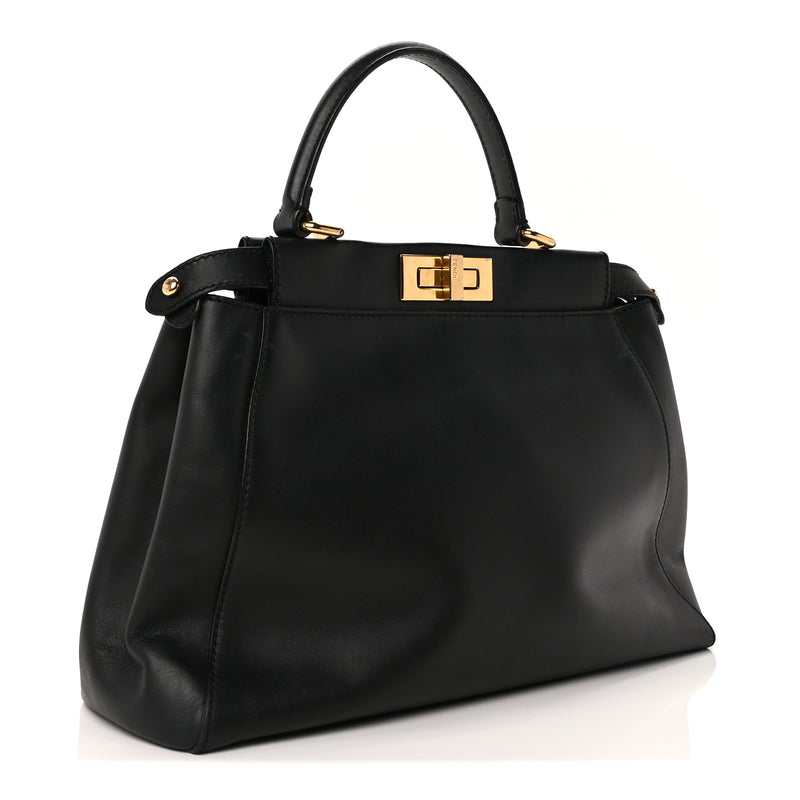  Fendi Vitello Seta Shiny Nappa Medium Peekaboo Iconic Satchel Black