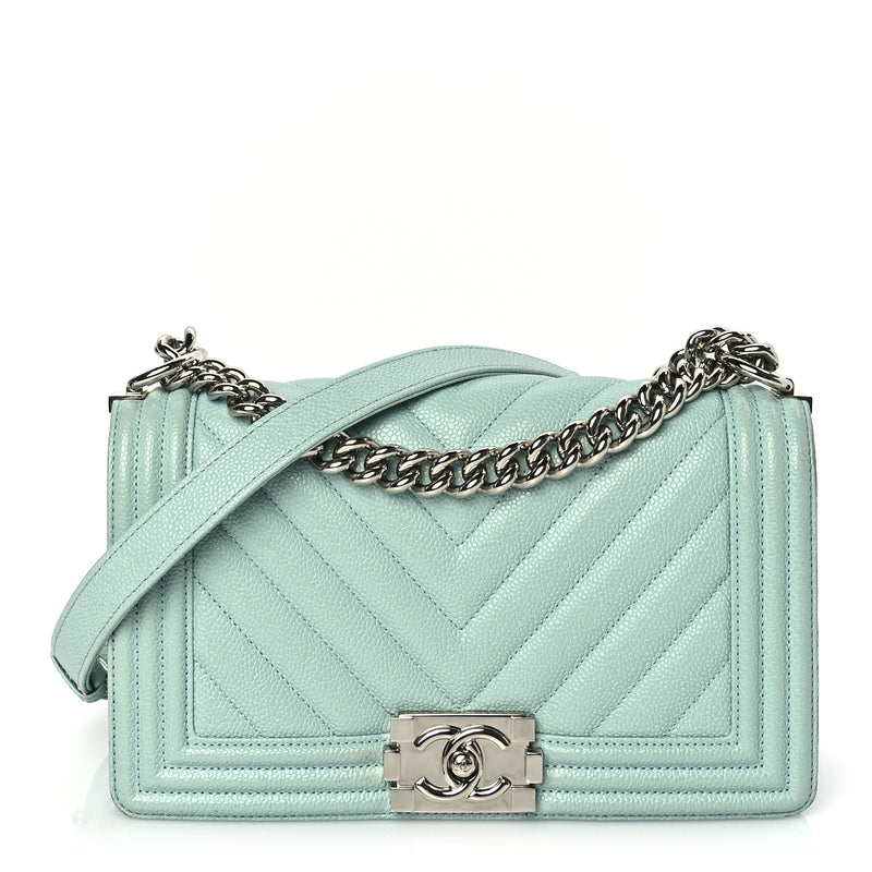  Chanel Caviar Chevron Quilted Medium Boy Flap  Light Blue